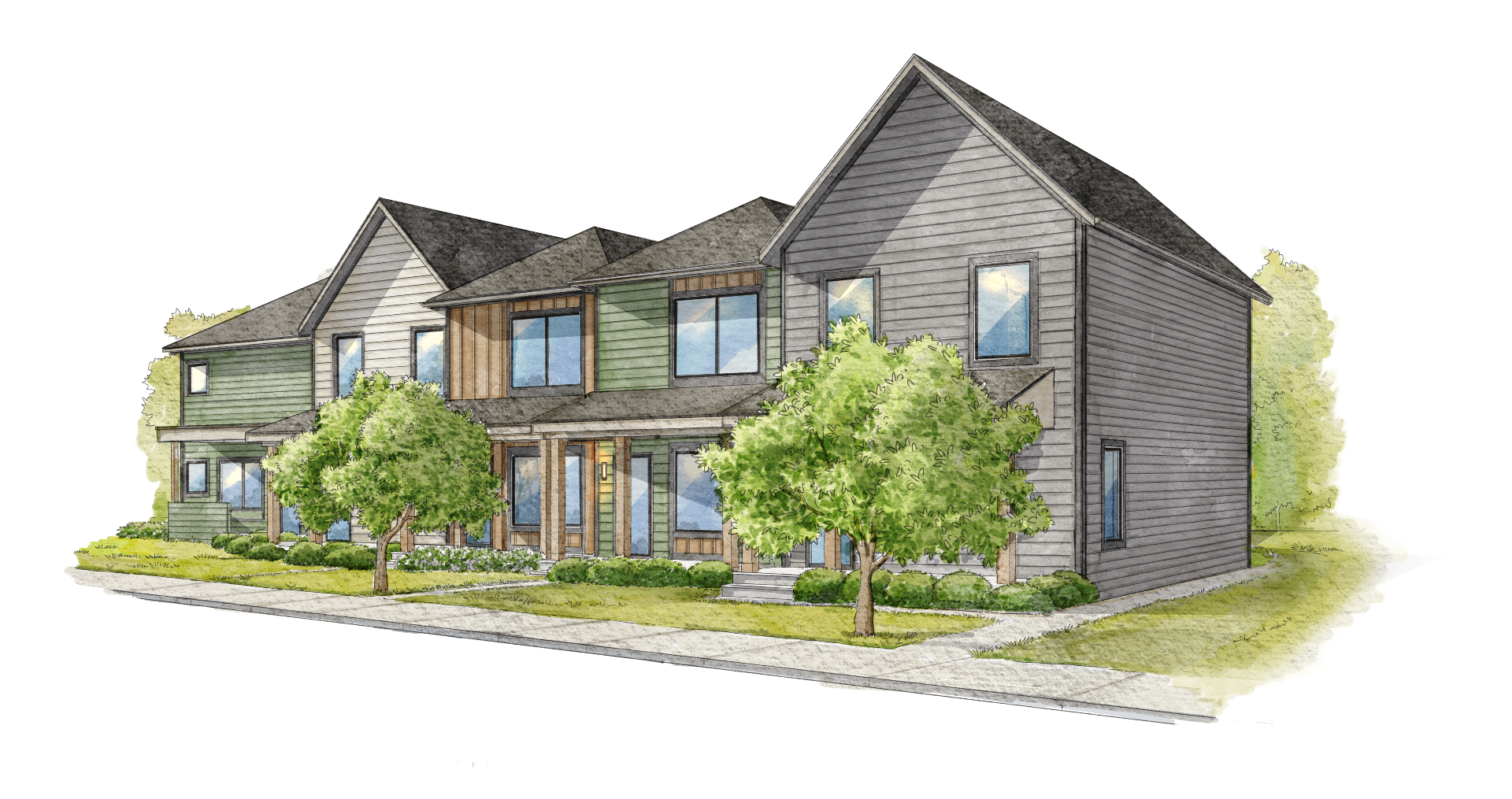 Street view of Fallview Landing — eight new homes on the corner of 30th & Ruckle